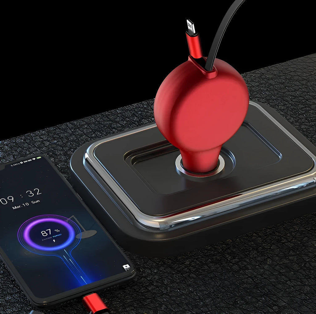 Black retractable car charger with two extended cables showing USB and Type-C heads plugged into a car socket.