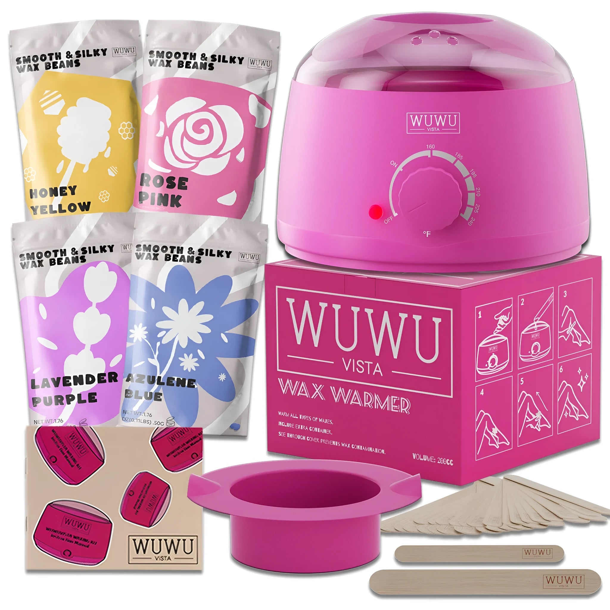 27-piece hair removal waxing kit with four coloured wax beads, applicator sticks, and wax machine for face and body