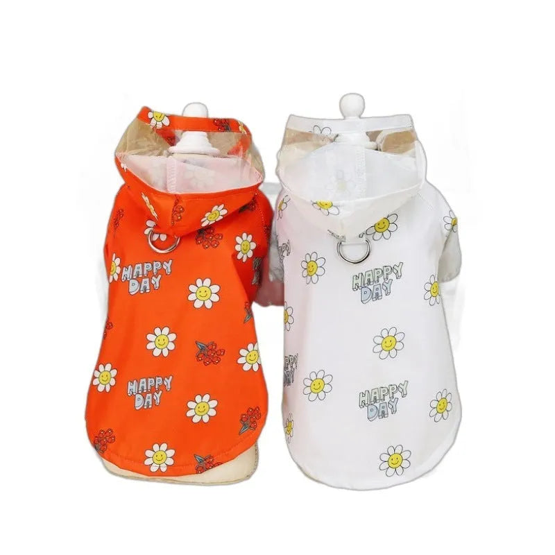 Two-feet style dog raincoat with back pull ring in orange small flower print