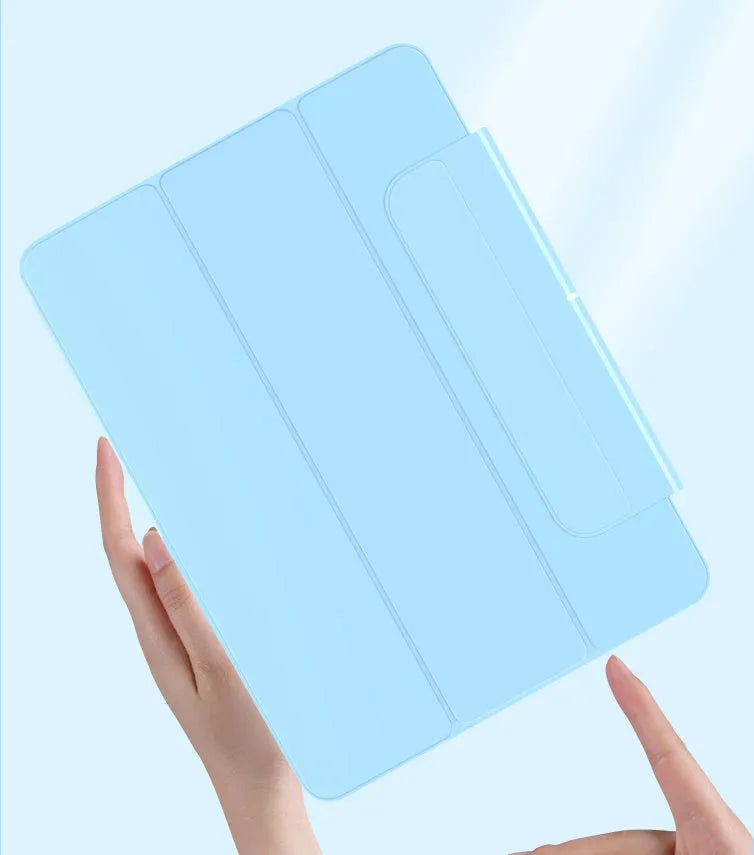 Magnetic iPad protective case with detachable drawer pen slot in black, shown on an iPad Pro.