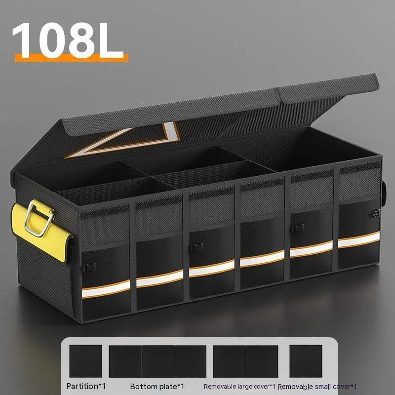 Black and yellow foldable car storage bag with handle in three capacity sizes