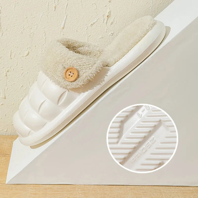 A pair of pink detachable EVA slippers with plush lining and a textured sole.