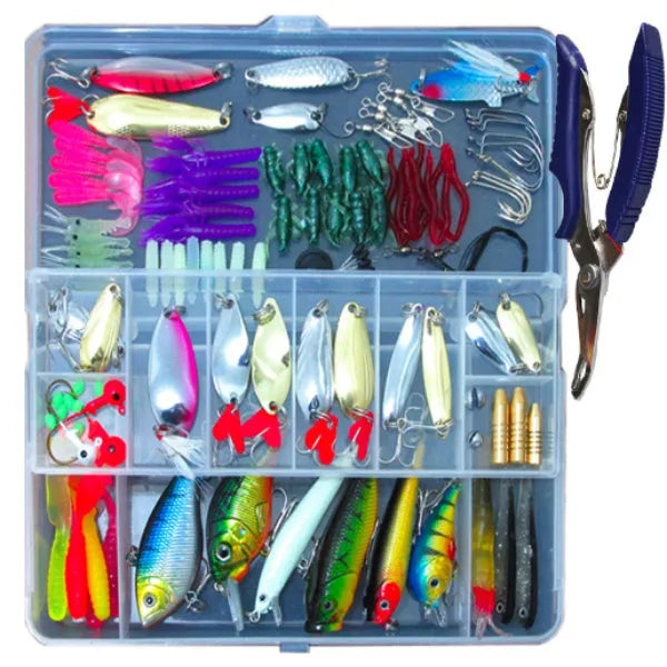 132-piece Rose Red Treasure fishing lure suit set in an open plastic organiser case.