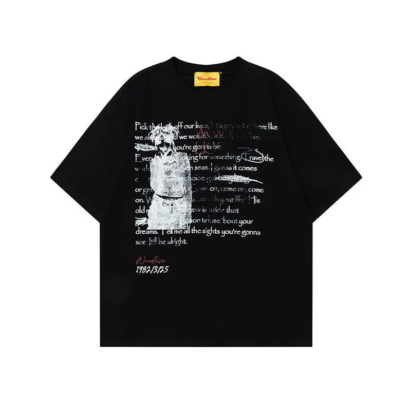 Men's black cotton hip hop style t-shirt with white printed letters and loose fit