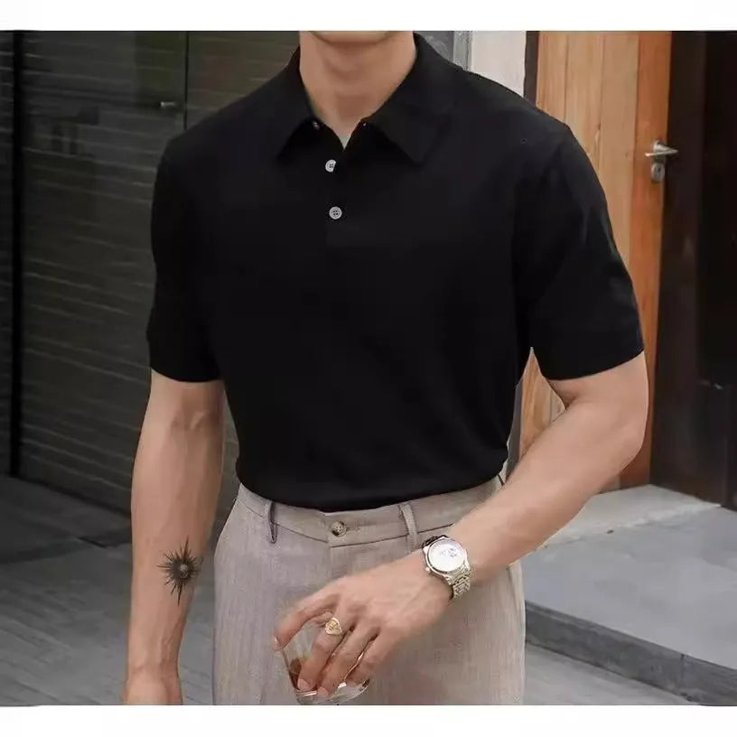 Men's ice silk and cotton blend polo shirt with knitted collar, short sleeves, shown in multiple colour options.