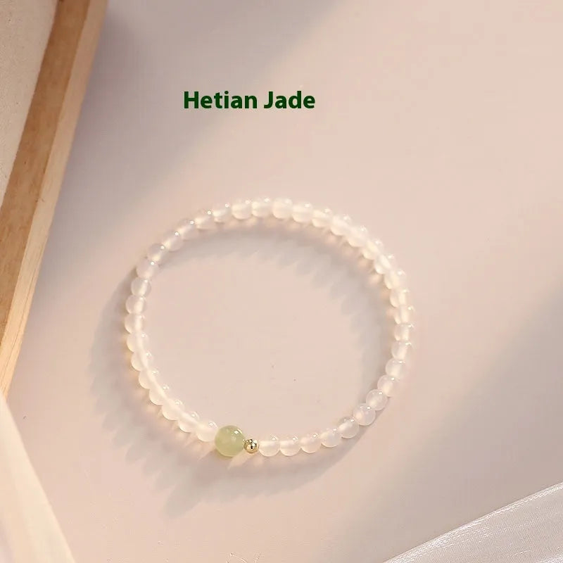 Natural Hetian jade and white agate women's bracelet with 15cm length in New Chinese style.