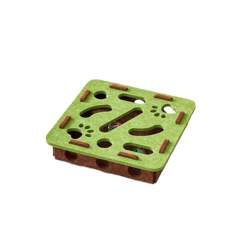 Green brown felt box cat toy with a hole, shown next to a grey and a camel white version, dimensions 30x30x7.5 cm.
