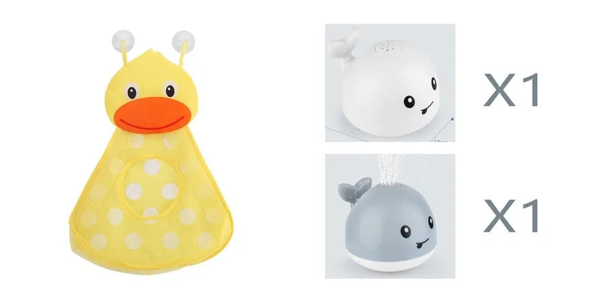 Automatic water spray whale bath toy with LED lights for baby sensory play