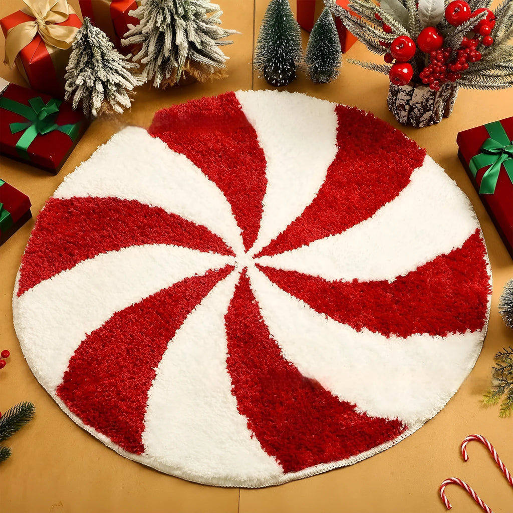Christmas-themed round polyester carpet with festive printed design, shown in two size options.