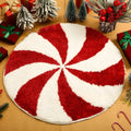 Christmas-themed round polyester carpet with festive printed design, shown in two size options.