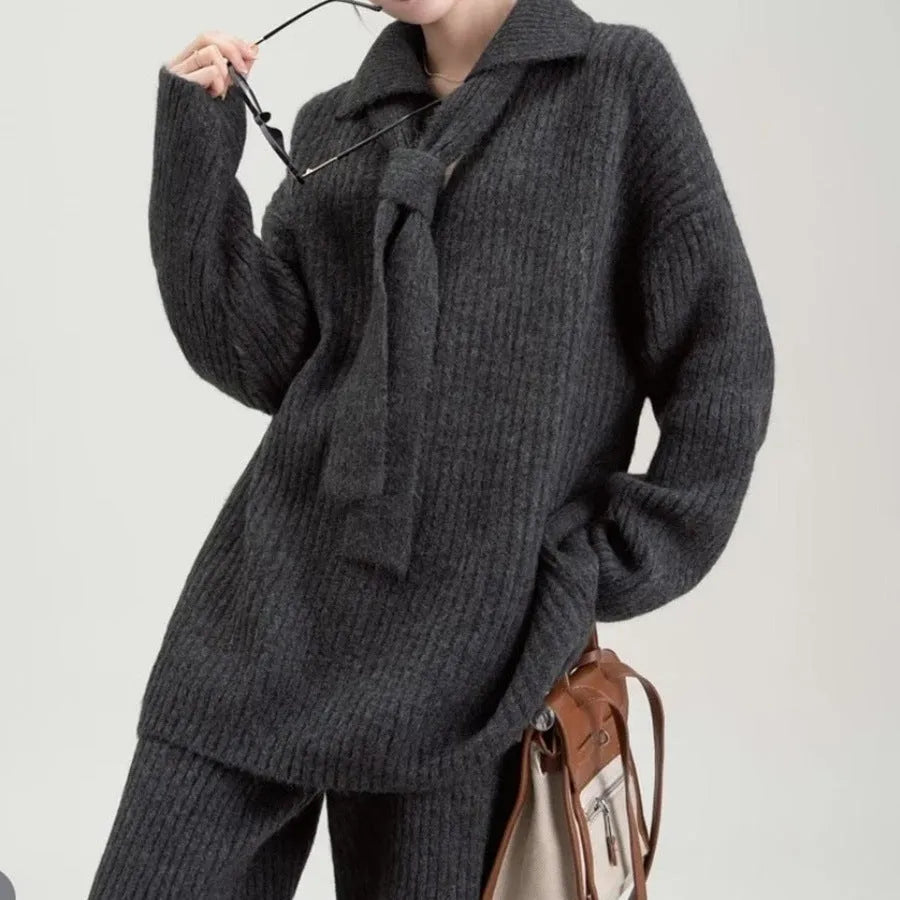 Beige acrylic fibre imitation cashmere sweater suit two-piece set with long sleeve top and trousers.
