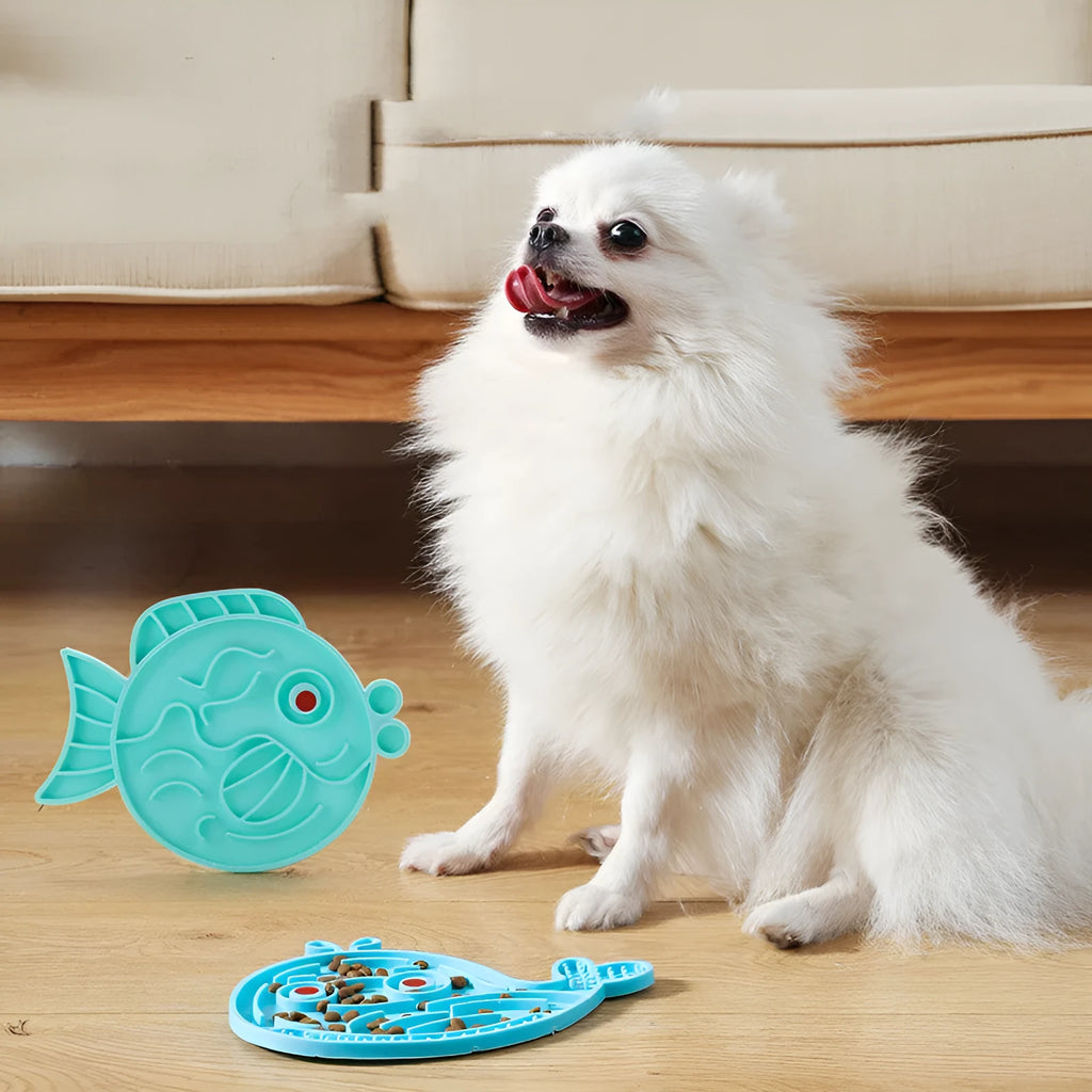 TPR slow feeder pet bowl in blue or green with dolphins or whales design and solid colour finish