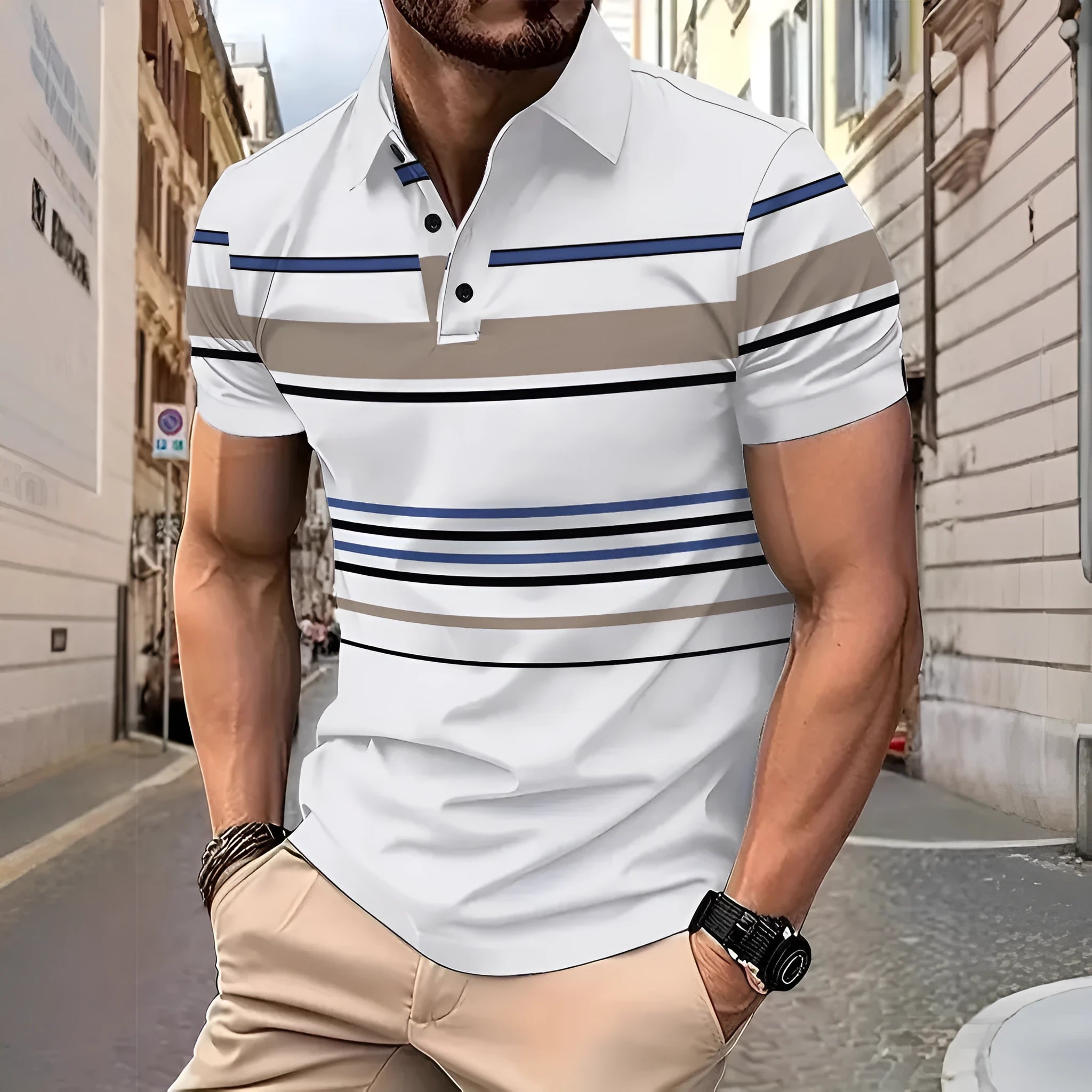 White striped men's short sleeve T-shirt on hanger showing slim fit design