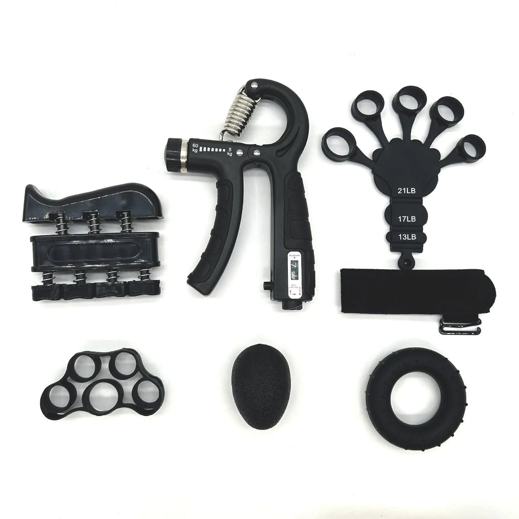 Five-piece grip strength set with counting spring grip, piano grip, finger trainer, silicone gripper and TPE egg ball