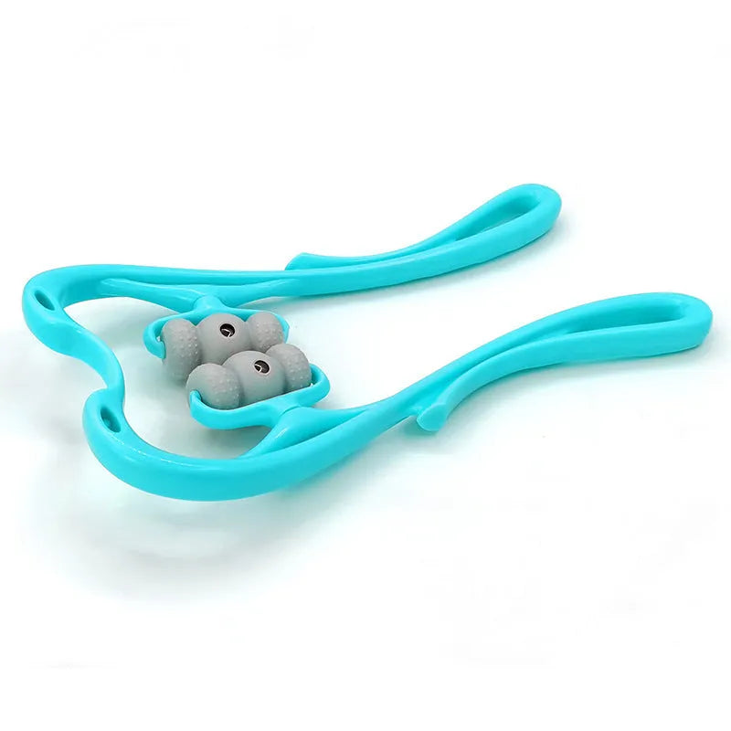 Blue handheld neck massager with 96 pressure point rollers showing 360-degree rotation mechanism