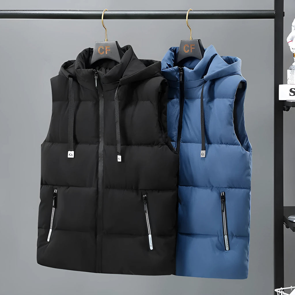 Men's black thickened polyester vest with removable cap and slant pocket