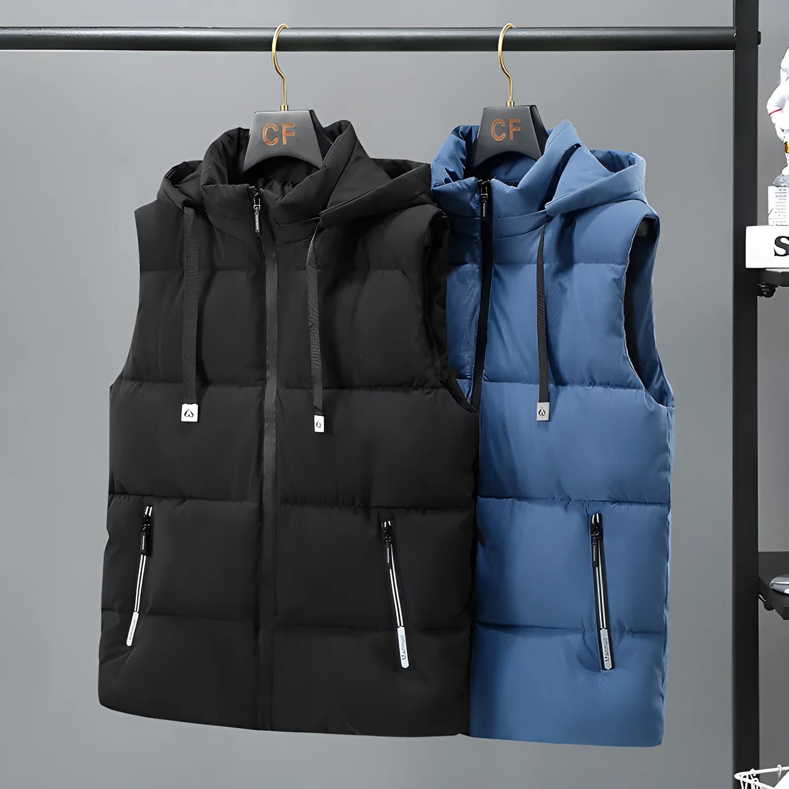 Men's black thickened polyester vest with removable cap and slant pocket