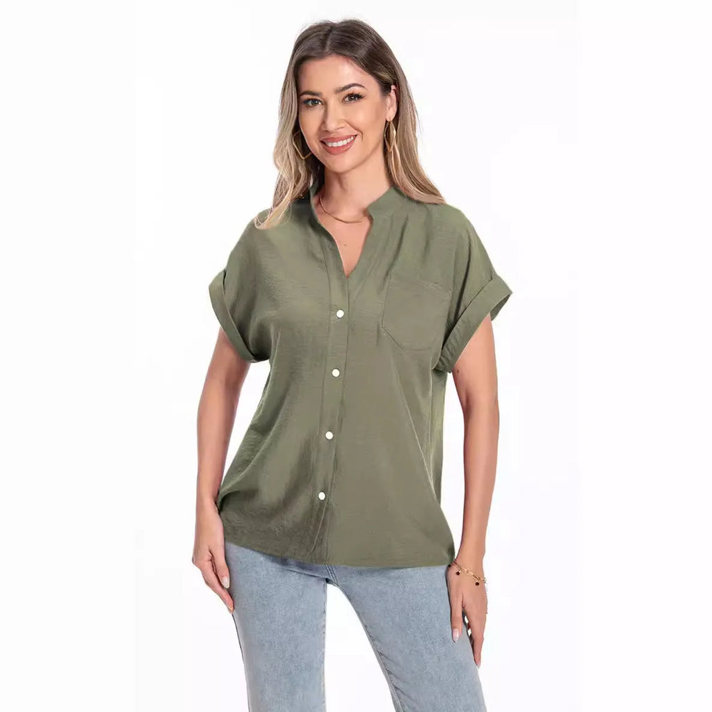 Women's loose fit short sleeve button-down top with stand collar in Army Green