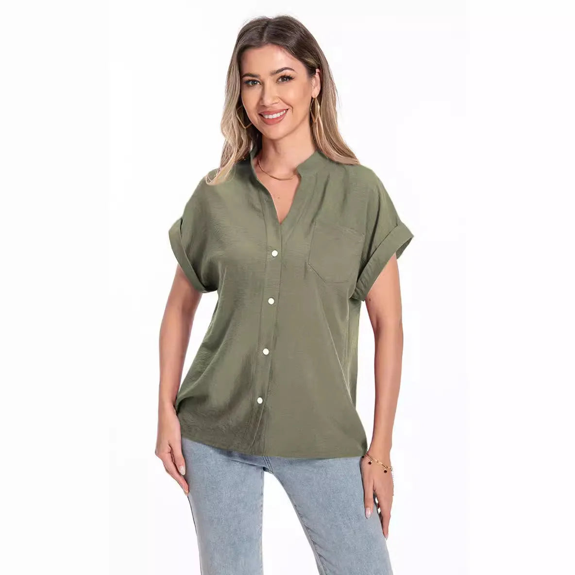 Women's loose fit short sleeve button-down top with stand collar in Army Green