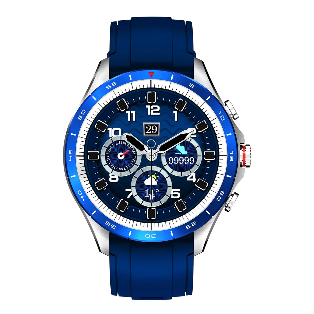 Men's black smart bracelet watch with zinc alloy screen and silicone band on a wrist.