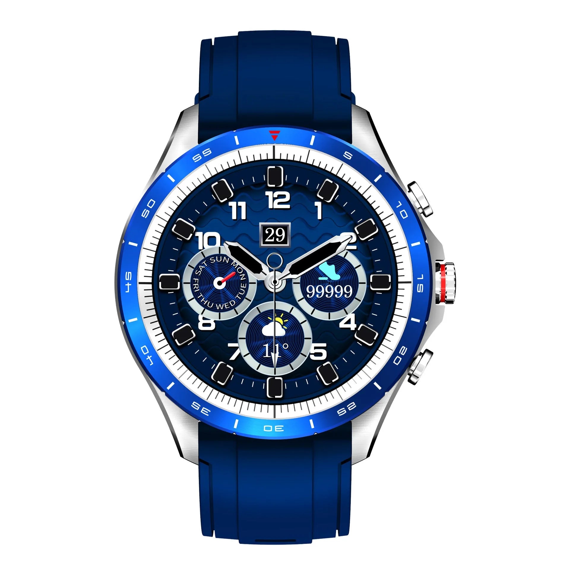 Men's black smart bracelet watch with zinc alloy screen and silicone band on a wrist.
