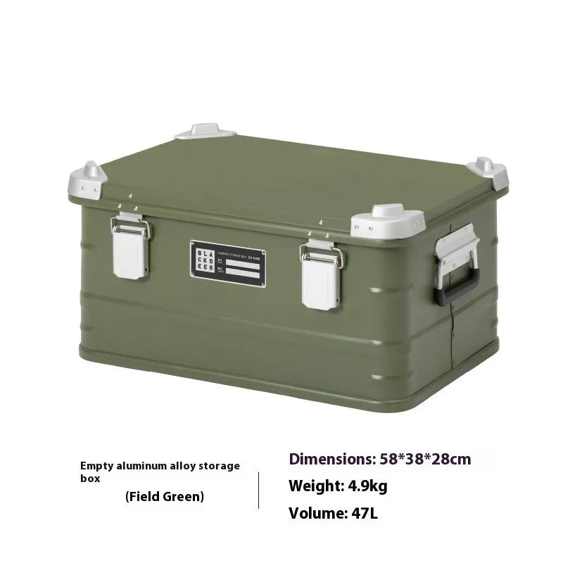 Field green aluminium expandable storage box for camping equipment measuring 58×38×28cm