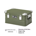 Field green aluminium expandable storage box for camping equipment measuring 58×38×28cm