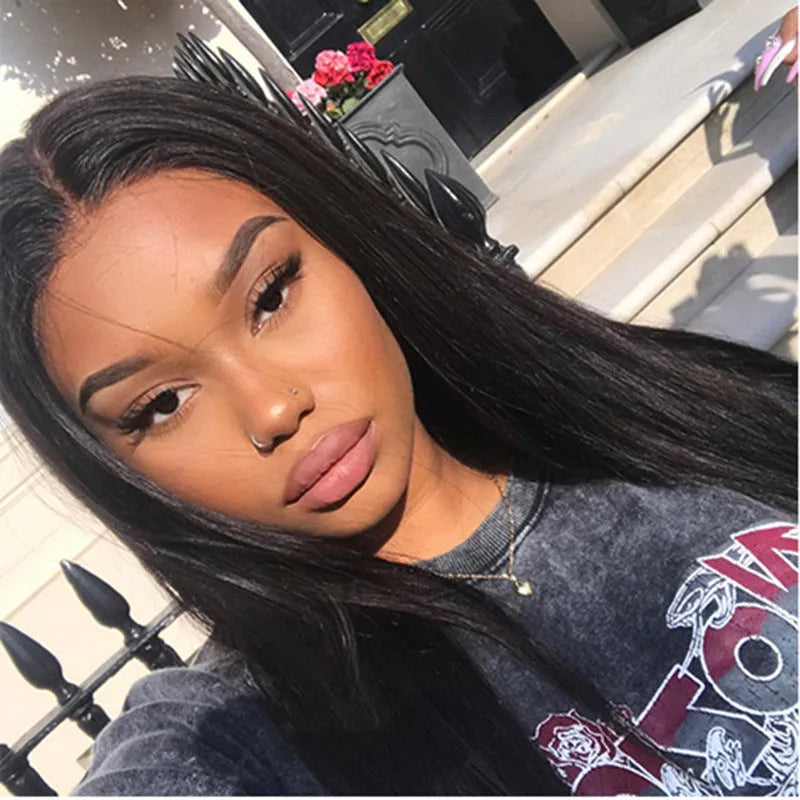 Long straight hair wig with centre-parting bangs in black colour on display