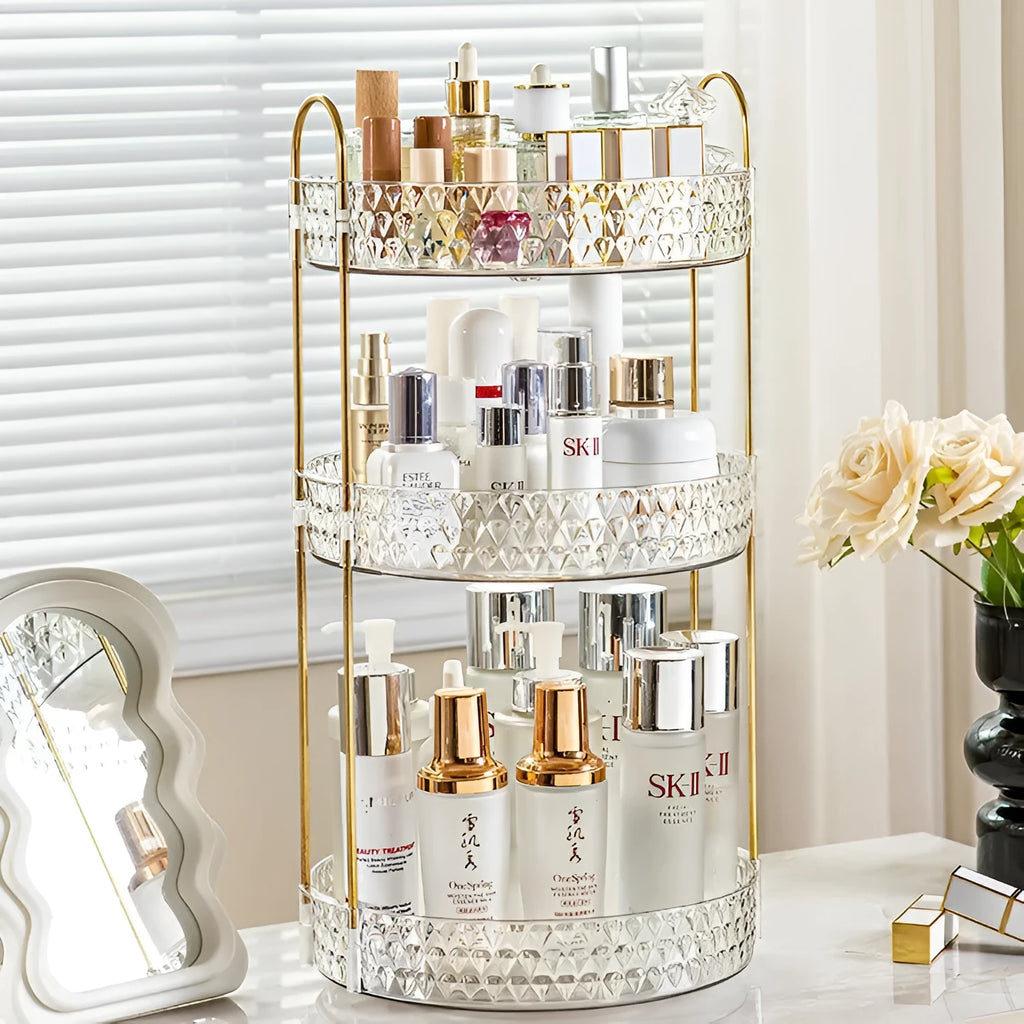 Light luxury cosmetics storage box with PET plastic and metal frame, double layer configuration