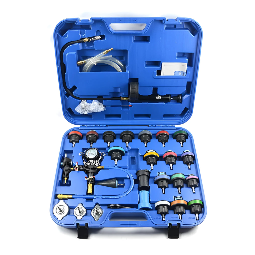 Blue automotive radiator pressure testing kit with 28 pieces including vacuum purge tools