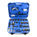 Blue automotive radiator pressure testing kit with 28 pieces including vacuum purge tools