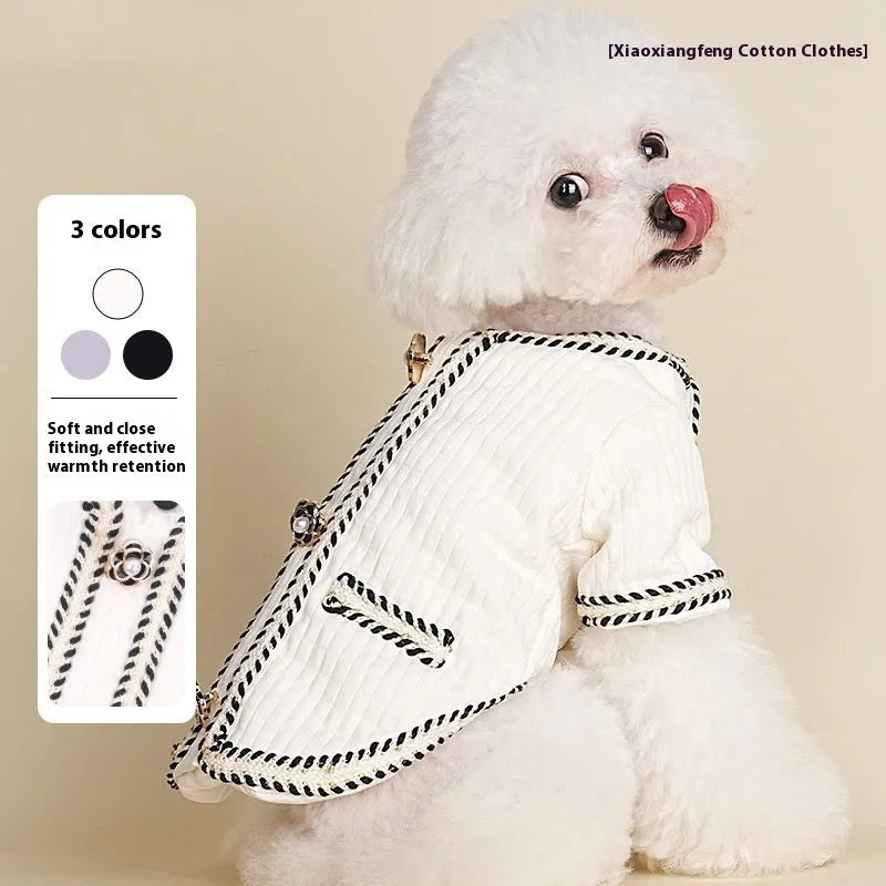 Quilted polyester pet coat with cartoon pattern in black, white or light purple colours for autumn and winter