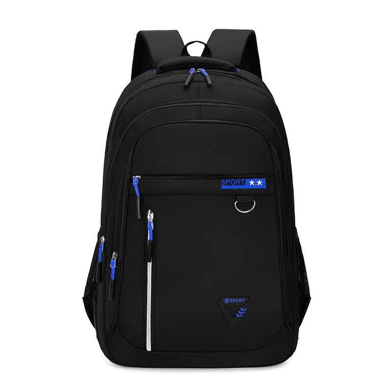 Men's Oxford cloth schoolbag in black with letter pattern showing air pillow belt and large capacity design