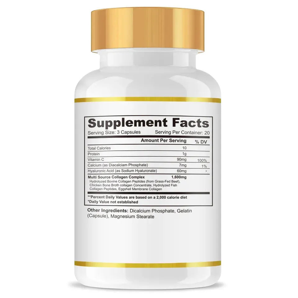 Collagen capsule supplement bottle containing 60 tablets for adult use.