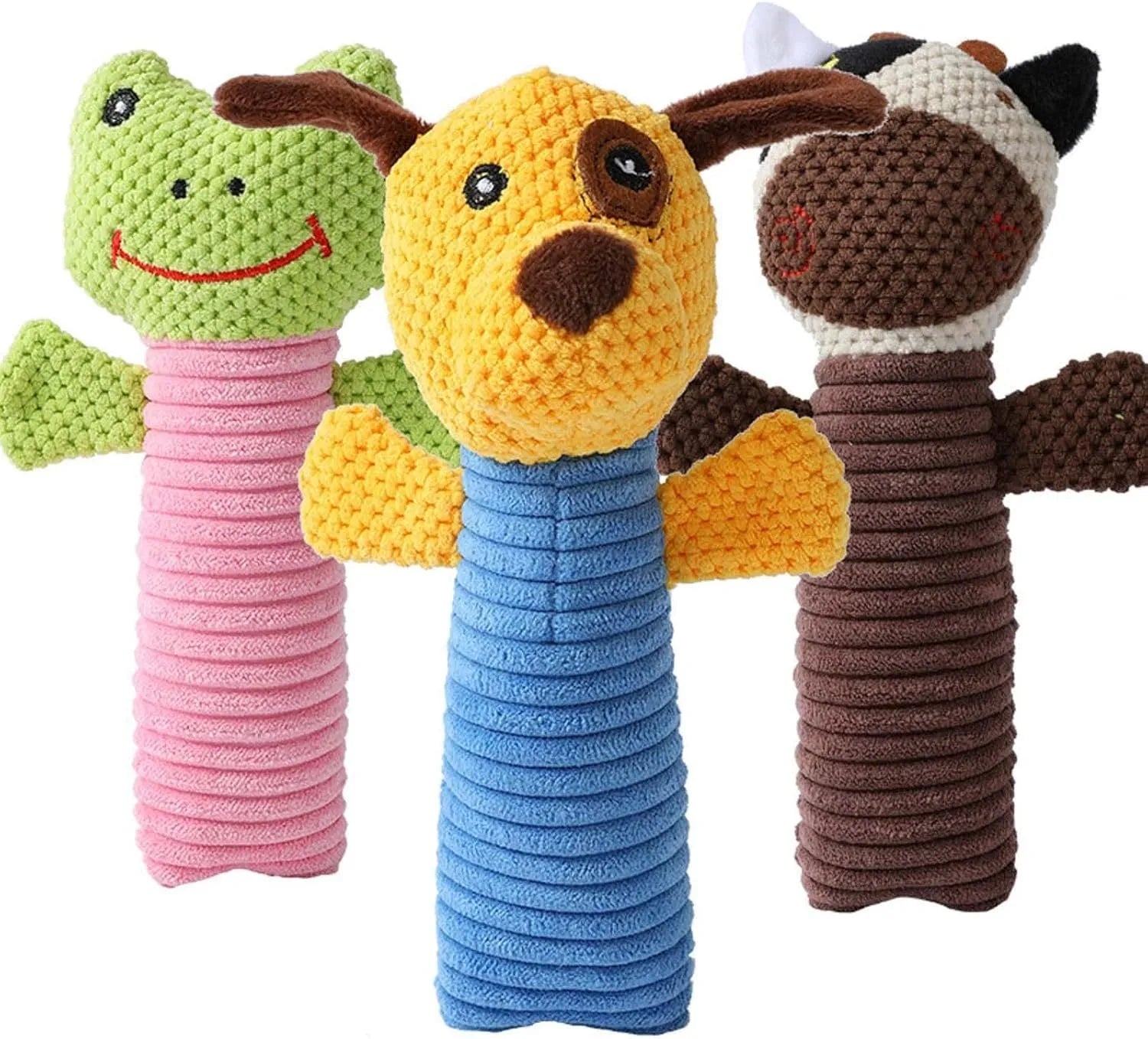 Squeaky stuffed calf, frog, or puppy dog chew toy for dental cleaning and teething relief.