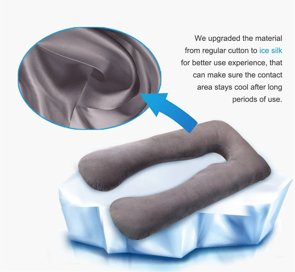 U-shaped maternity pillow for pregnant women in ice silk fabric, shown in light blue colour