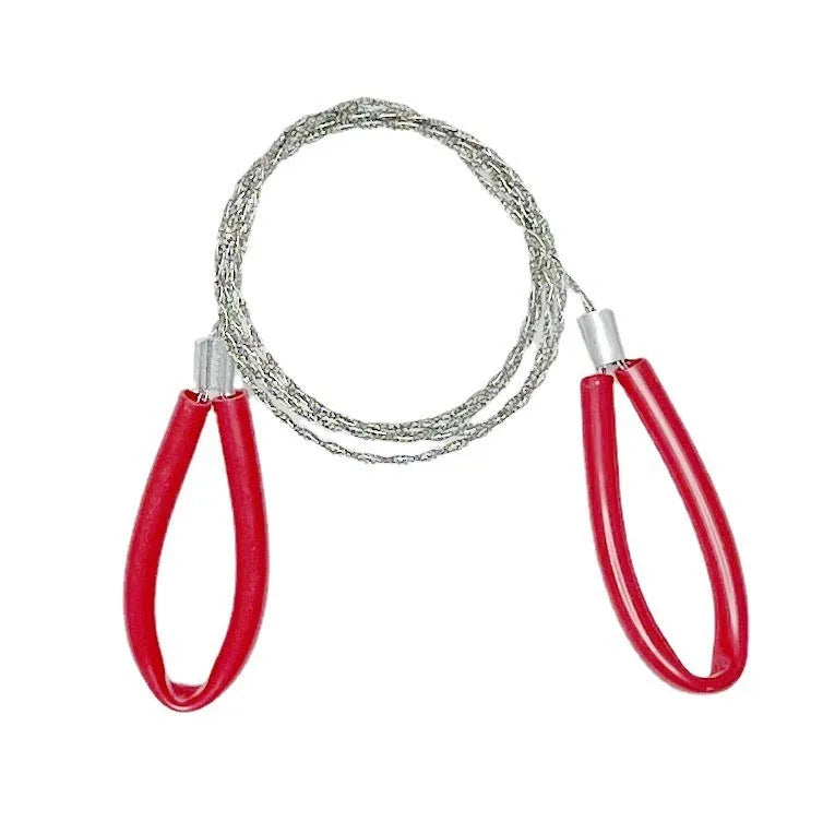 Black and red survival wire saw with leather case on a wooden background, showing its extended length.