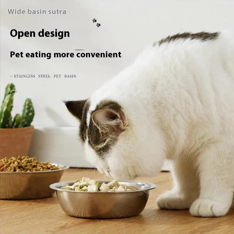 Stainless steel pet bowl for cats and dogs, shown in five different diameter sizes on a plain background.