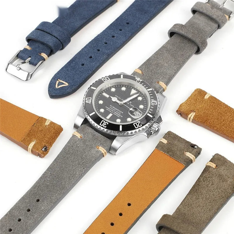 Genuine suede leather watch strap in Army Green colour, showing textured material and buckle.