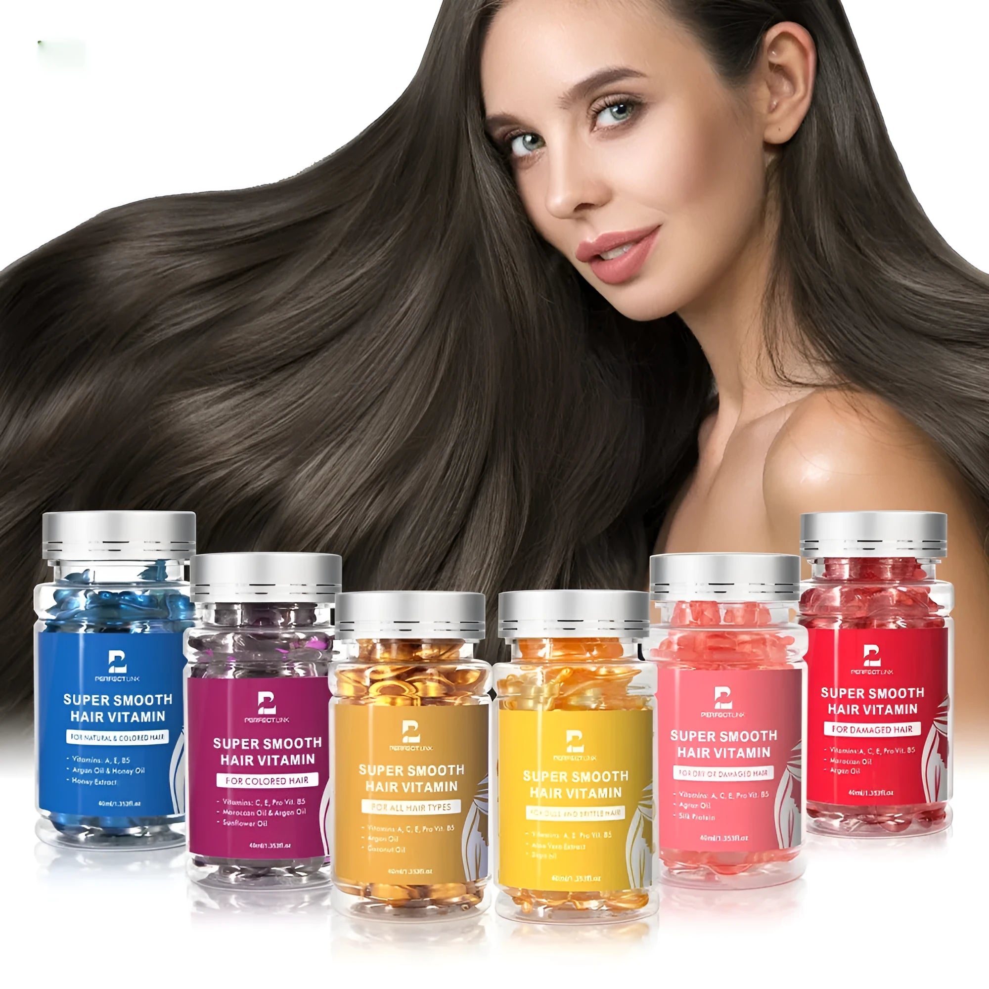 40ml plastic bottle of vitamin nuts hair care essential oil for frizzy hair treatment in six colour options.