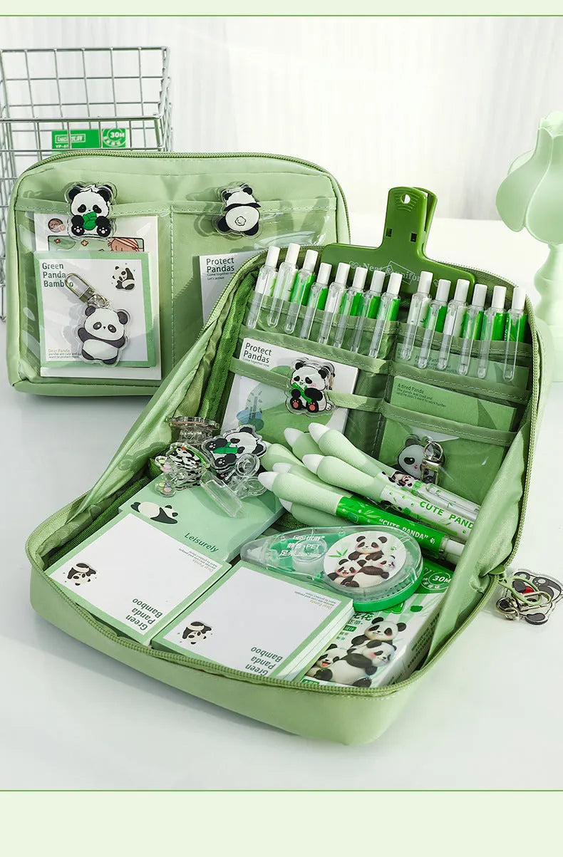 Green canvas 12 layer panda pencil case with large capacity for stationery organisation.