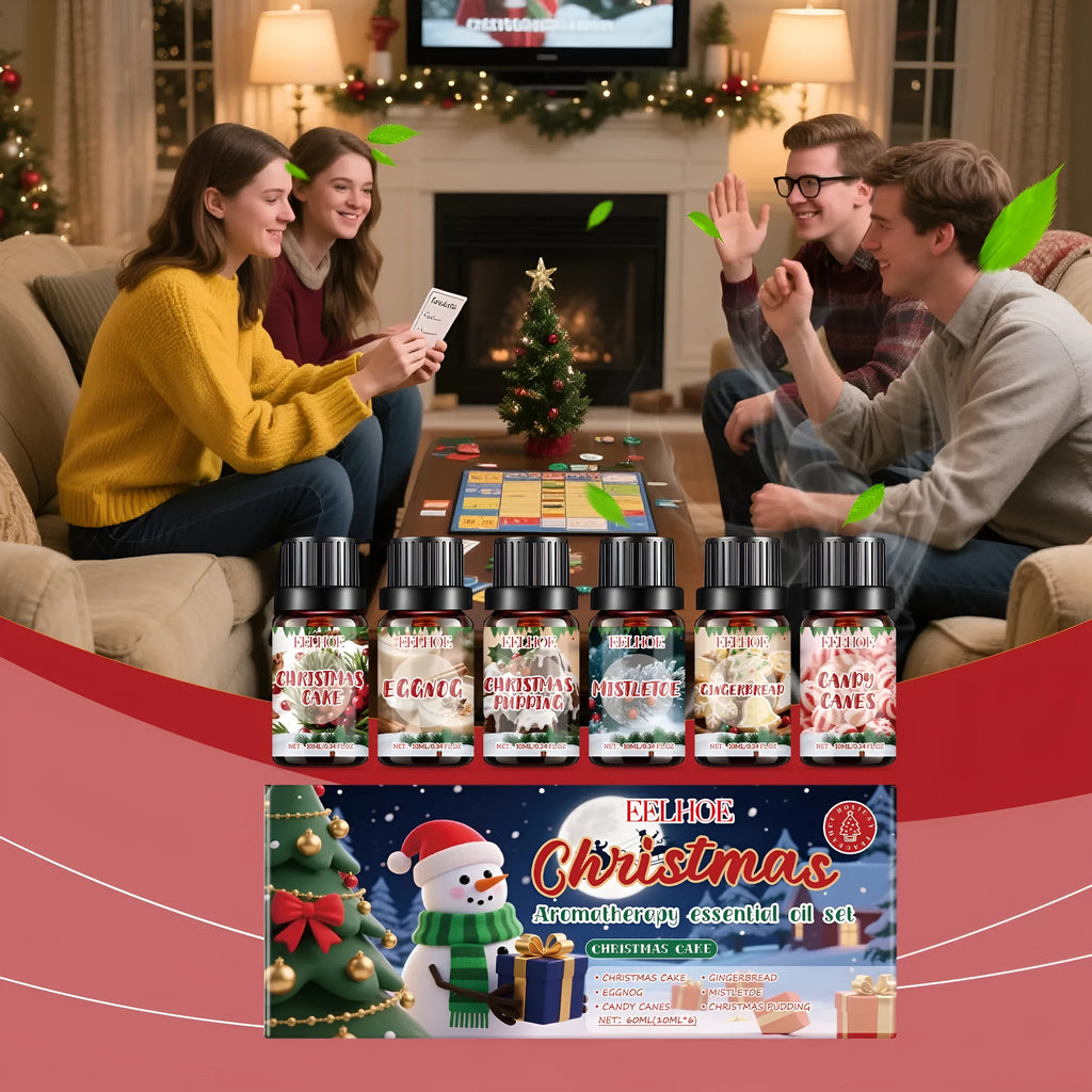 Christmas aromatherapy oil set showing six glass bottles with two size options