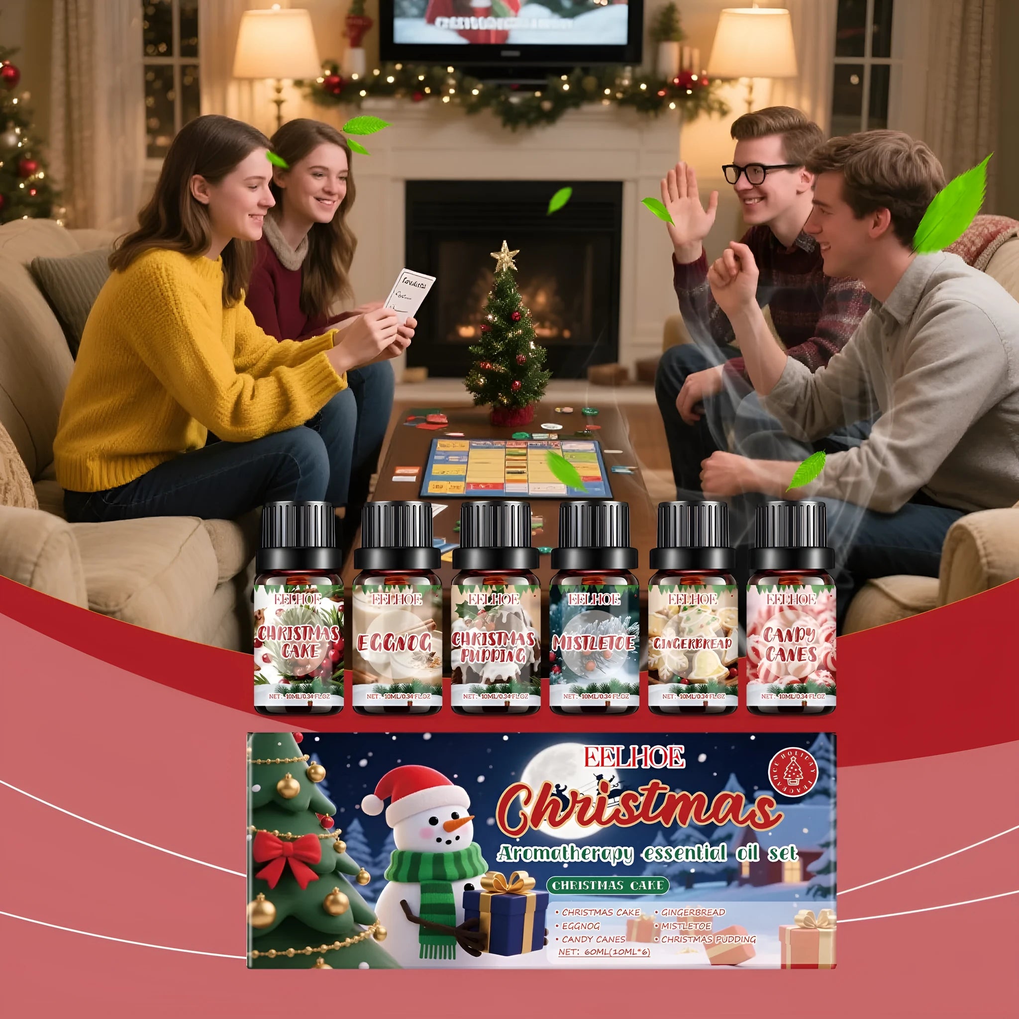 Christmas aromatherapy oil set showing six glass bottles with two size options
