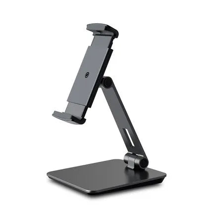 Silver foldable tablet stand showing 360-degree rotation mechanism with silicone anti-slip pads