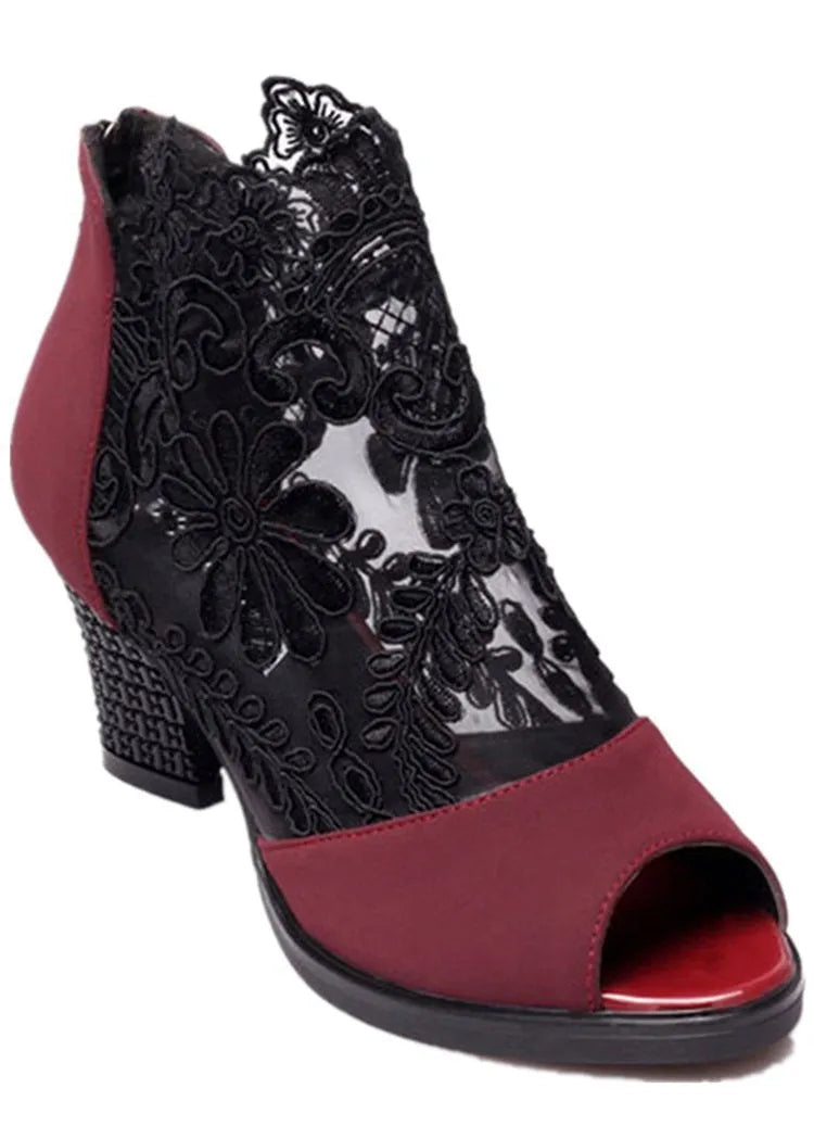 Women's black lace gladiator sandals with square high heels and peep toe design