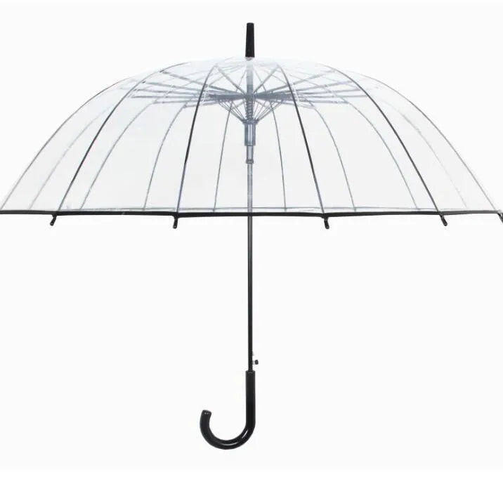 Clear long-handled transparent umbrella with a black curved handle and 16-rib frame on a white background.