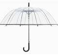 Clear long-handled transparent umbrella with a black curved handle and 16-rib frame on a white background.