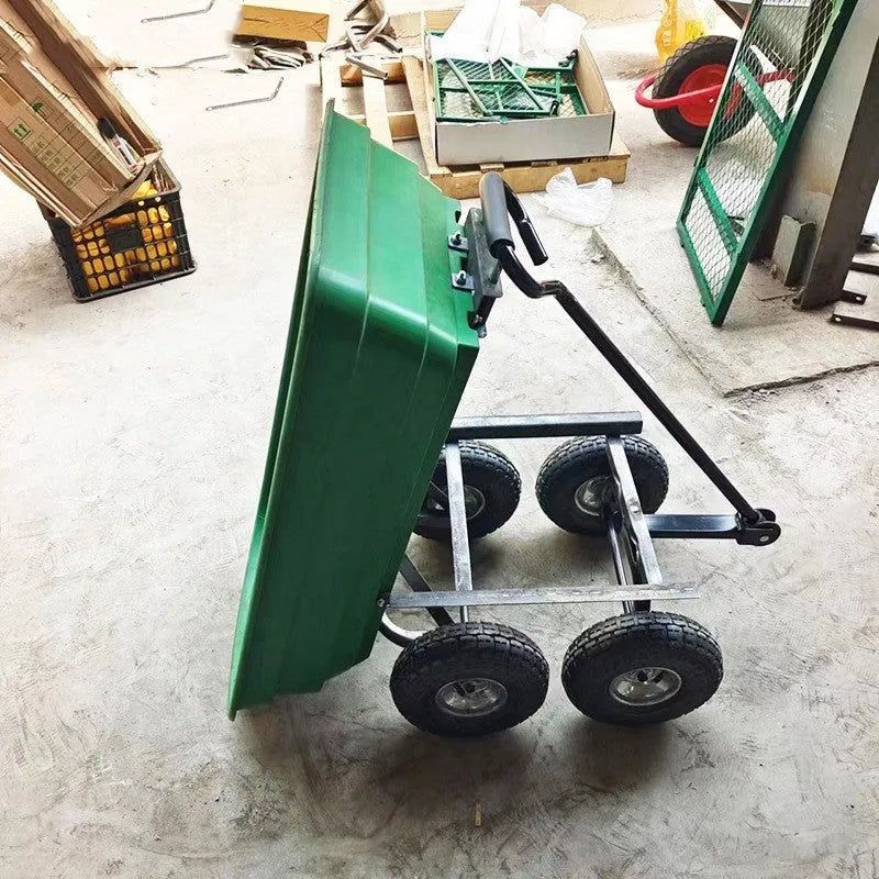 Green four-wheel plastic dump truck with a steel PP body, model TC2145.