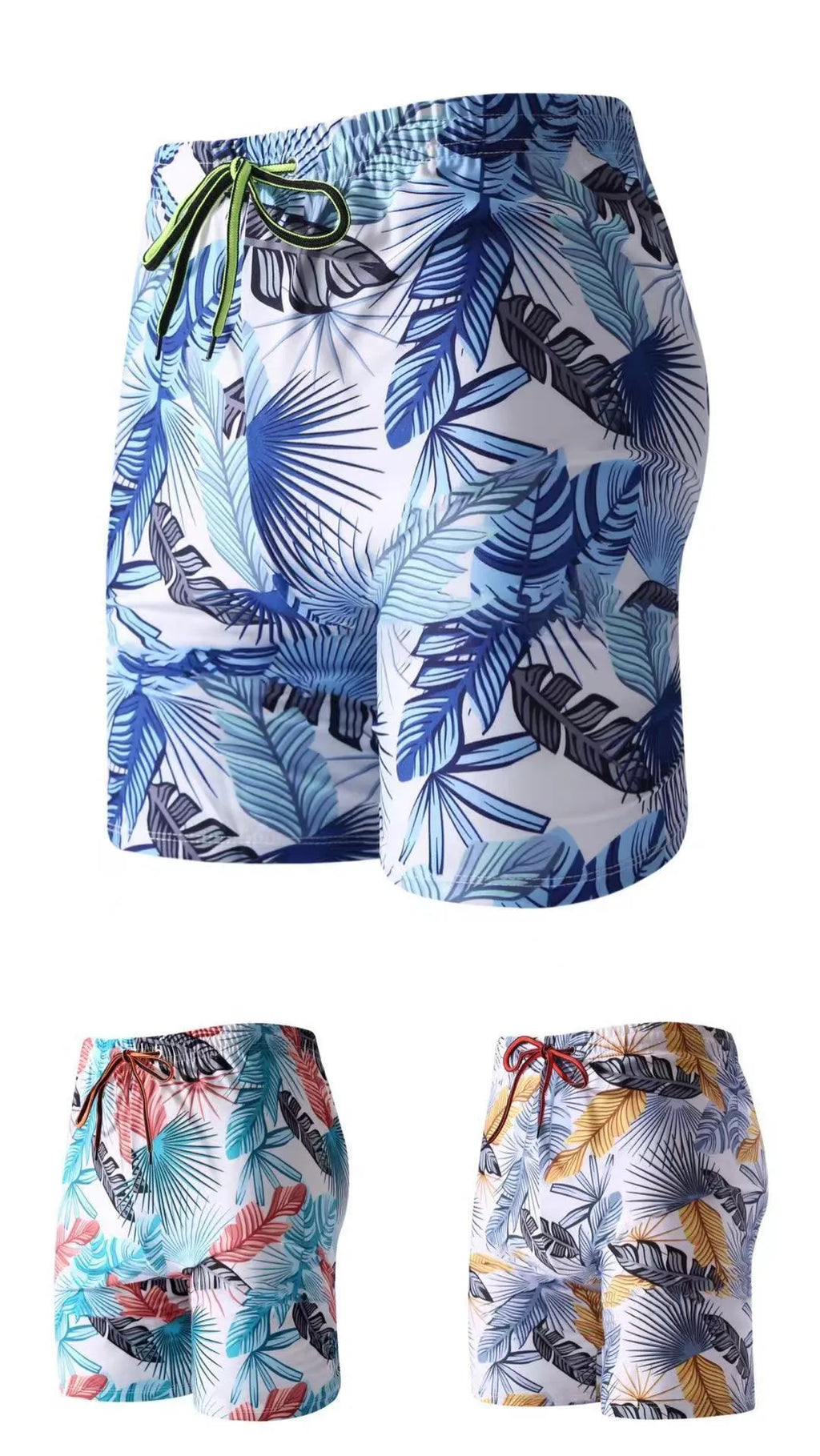 Men's cropped beach swimming trunks in a multicolour leaf pattern, briefs style