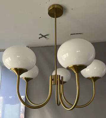 5-head retro glass chandelier with iron frame and LED tricolour light in pink gold finish